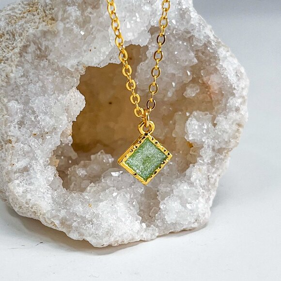 3/$20 14k Gold Green Glitter Resin Diamond Charm Handmade Pendant Necklace - Picture 4 of 7